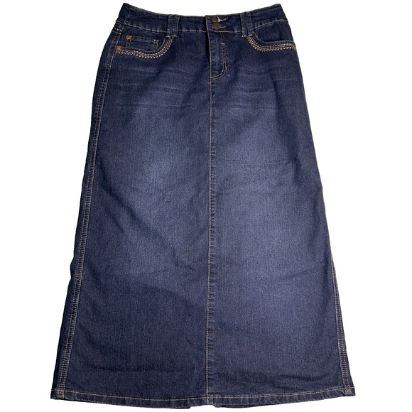 Christopher Banks Denim Maxi Skirt Womens 6 Dark Blue Modest Embroidered Pockets - Picture 2 of 6